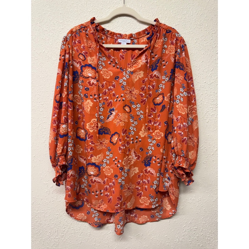 Carolina Belle Montreal Womens 3X Orange Floral Tunic Blouse Ruffle Sleeve Plus